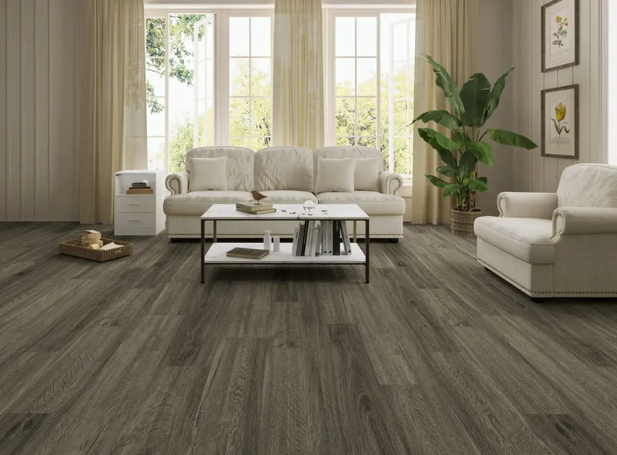Bright living room with wood look flooring