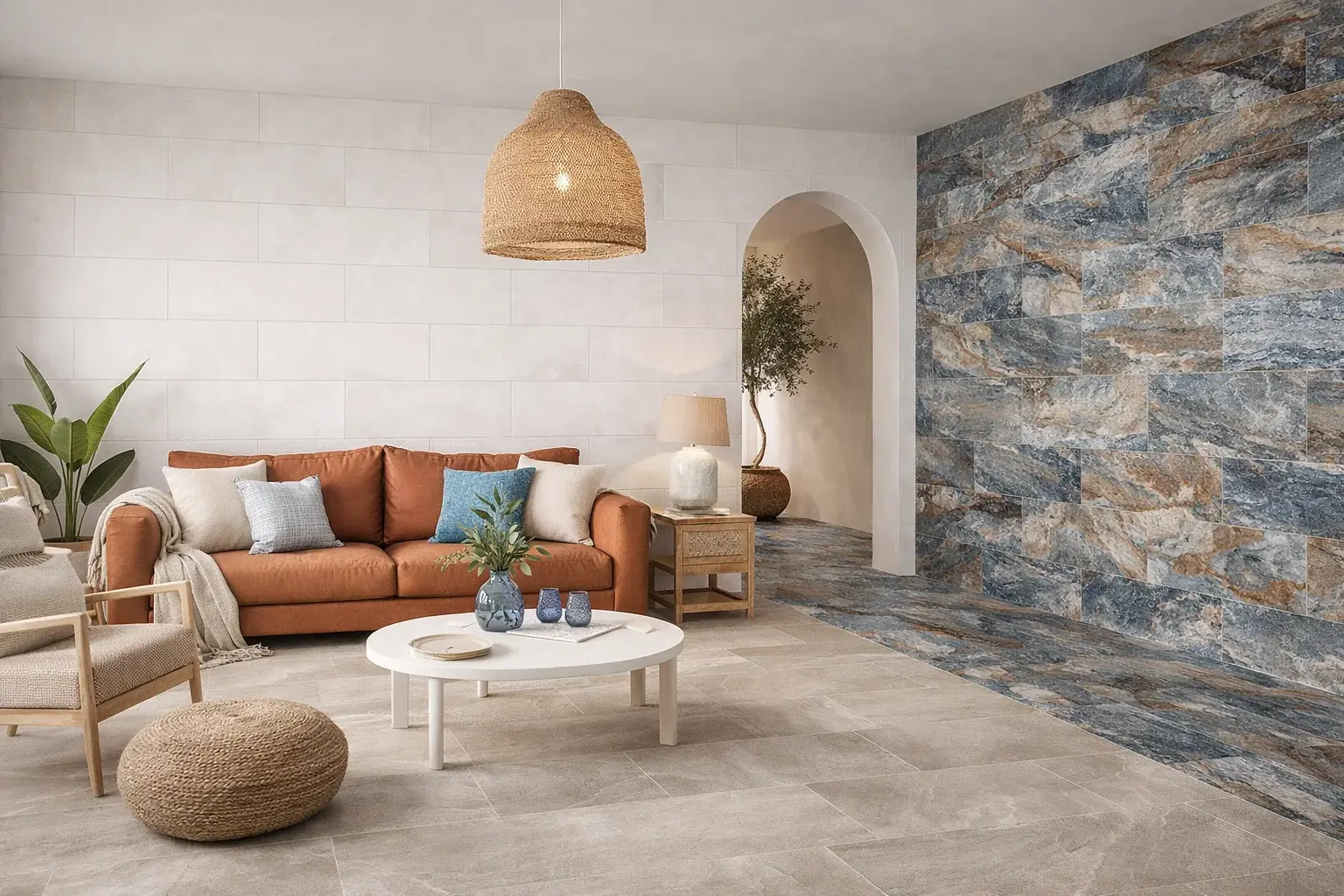 Mediterranean living room pairing CRW Sand, Super White, and Gem Blue